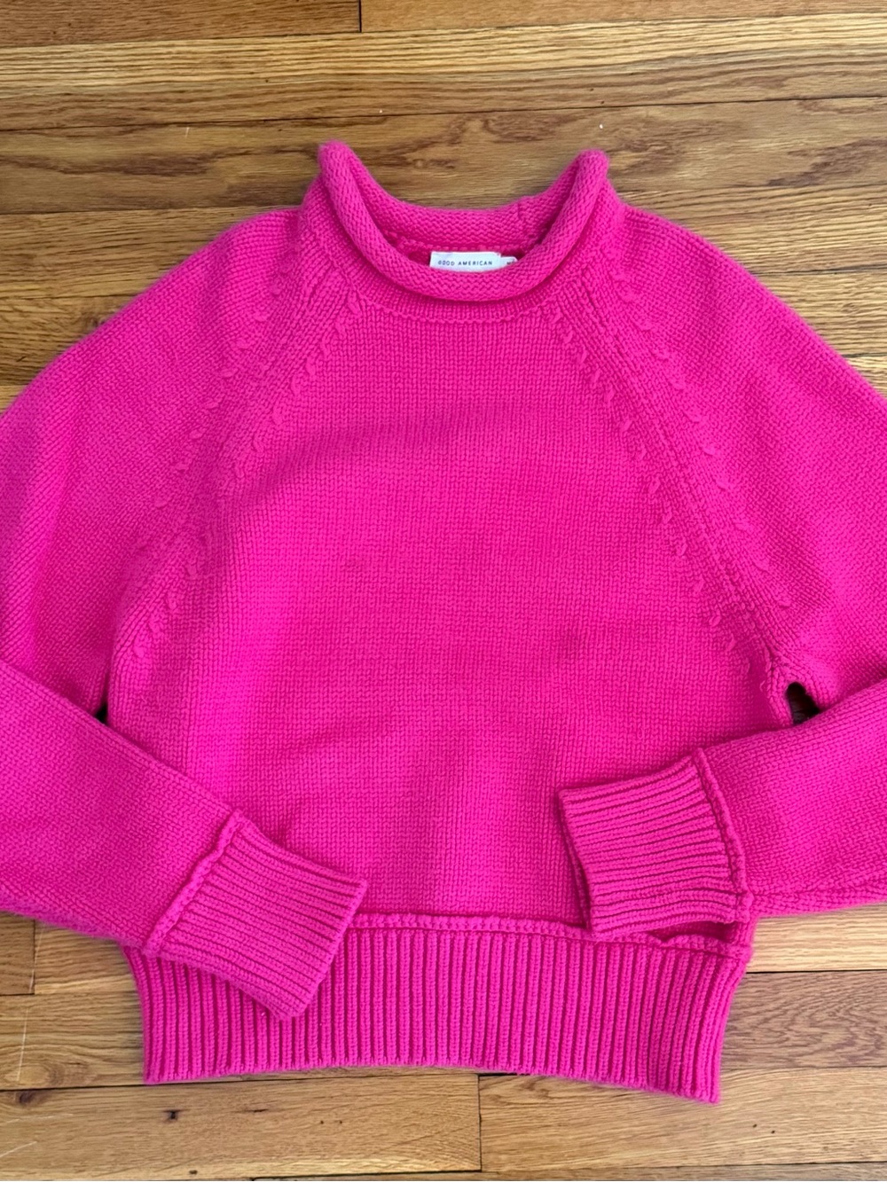 Good American Hot Pink Cable-Trim Rollneck Sweater
